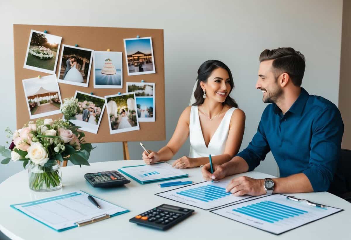 A couple sitting at a table with wedding planning materials, calculator, and budget spreadsheet. Flowers, cake, and venue photos pinned on a mood board