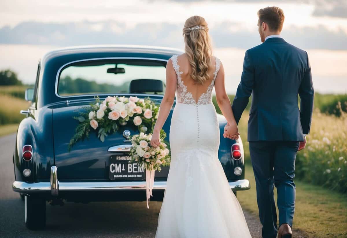 The bride and groom walk hand in hand towards a romantic getaway car, adorned with flowers and ribbons, ready to start their new life together