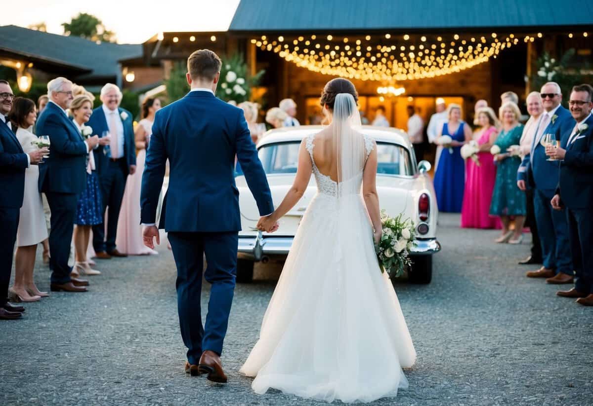 The bride and groom walk hand in hand towards a vintage car parked outside the reception venue, surrounded by twinkling lights and well-wishing guests