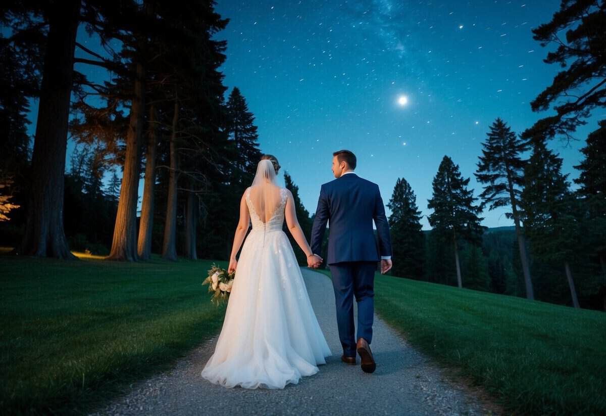 The bride and groom walk hand in hand down a moonlit path, surrounded by towering trees and a sky full of stars