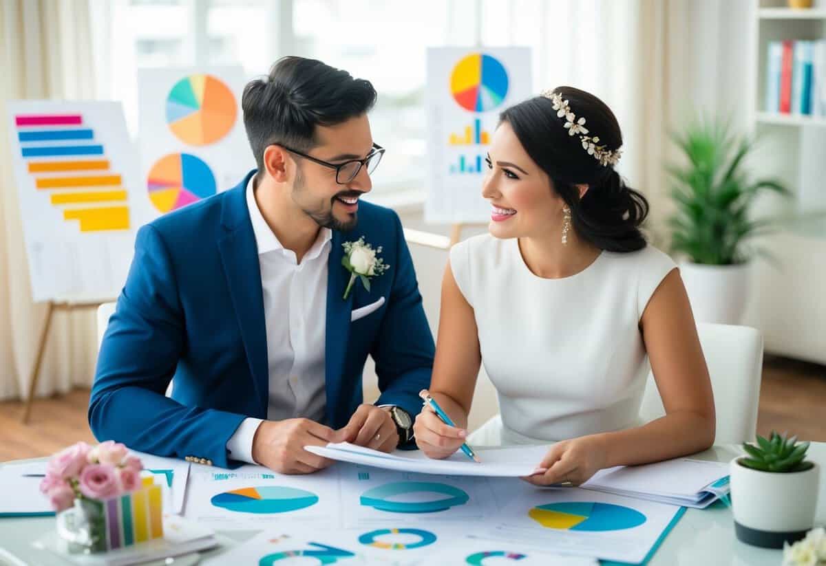 A couple sitting at a table with wedding planning materials, surrounded by colorful charts and graphs, brainstorming creative ways to maximize their budget for a 15k wedding