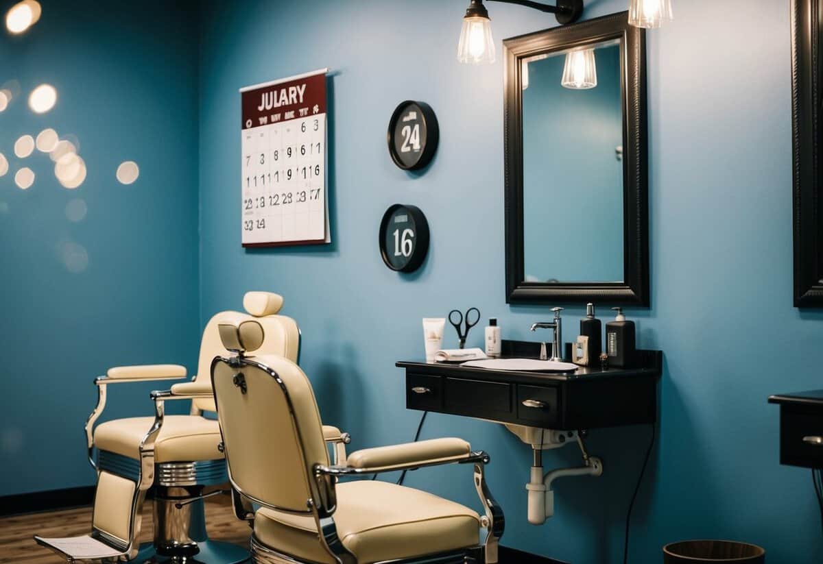 A barber shop with a chair, mirror, and scissors. A calendar on the wall shows the wedding date
