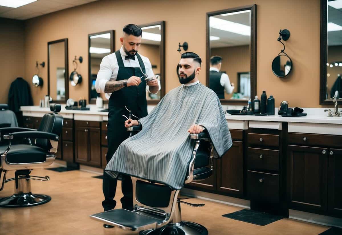 A barber shop with a cozy interior, a comfortable chair, and a barber standing ready with scissors and a comb