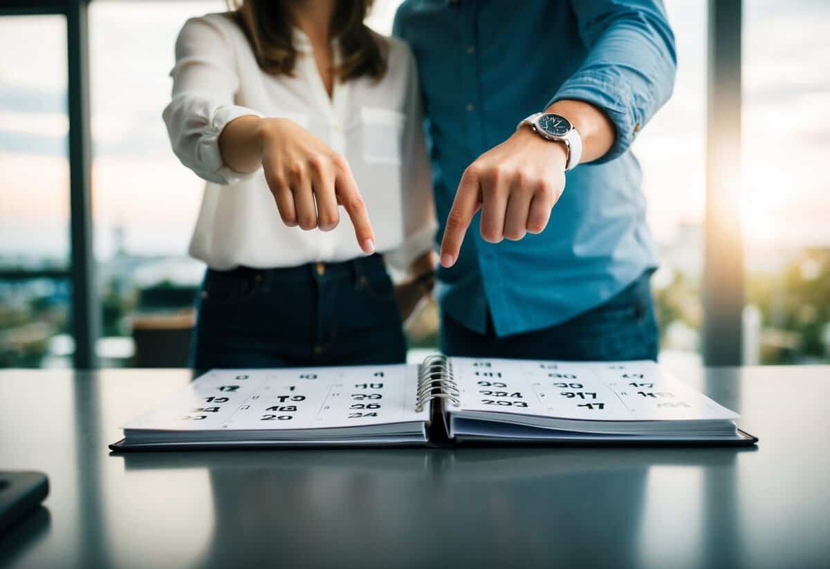 A couple standing in front of a calendar, frantically flipping through pages and pointing at dates. A sense of urgency and stress in the air