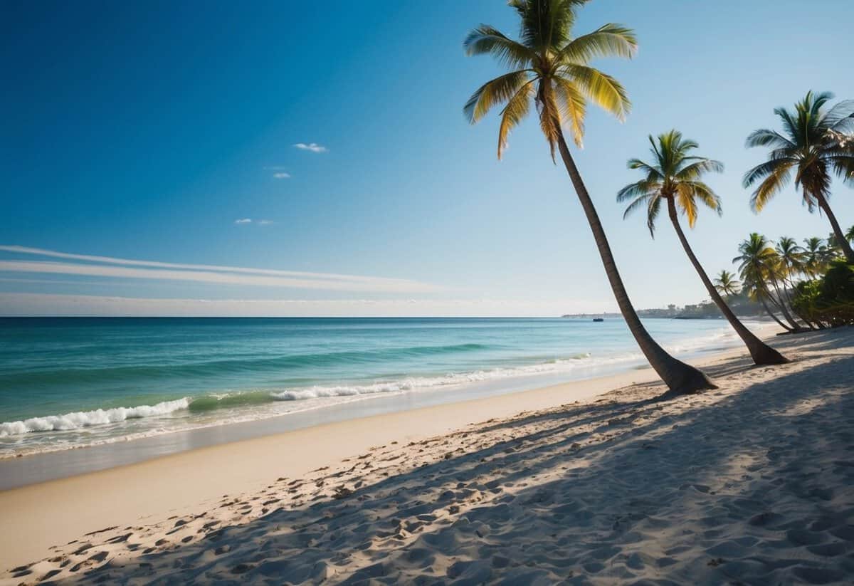 A sunny beach with a clear blue sky, gentle waves, and palm trees swaying in the breeze