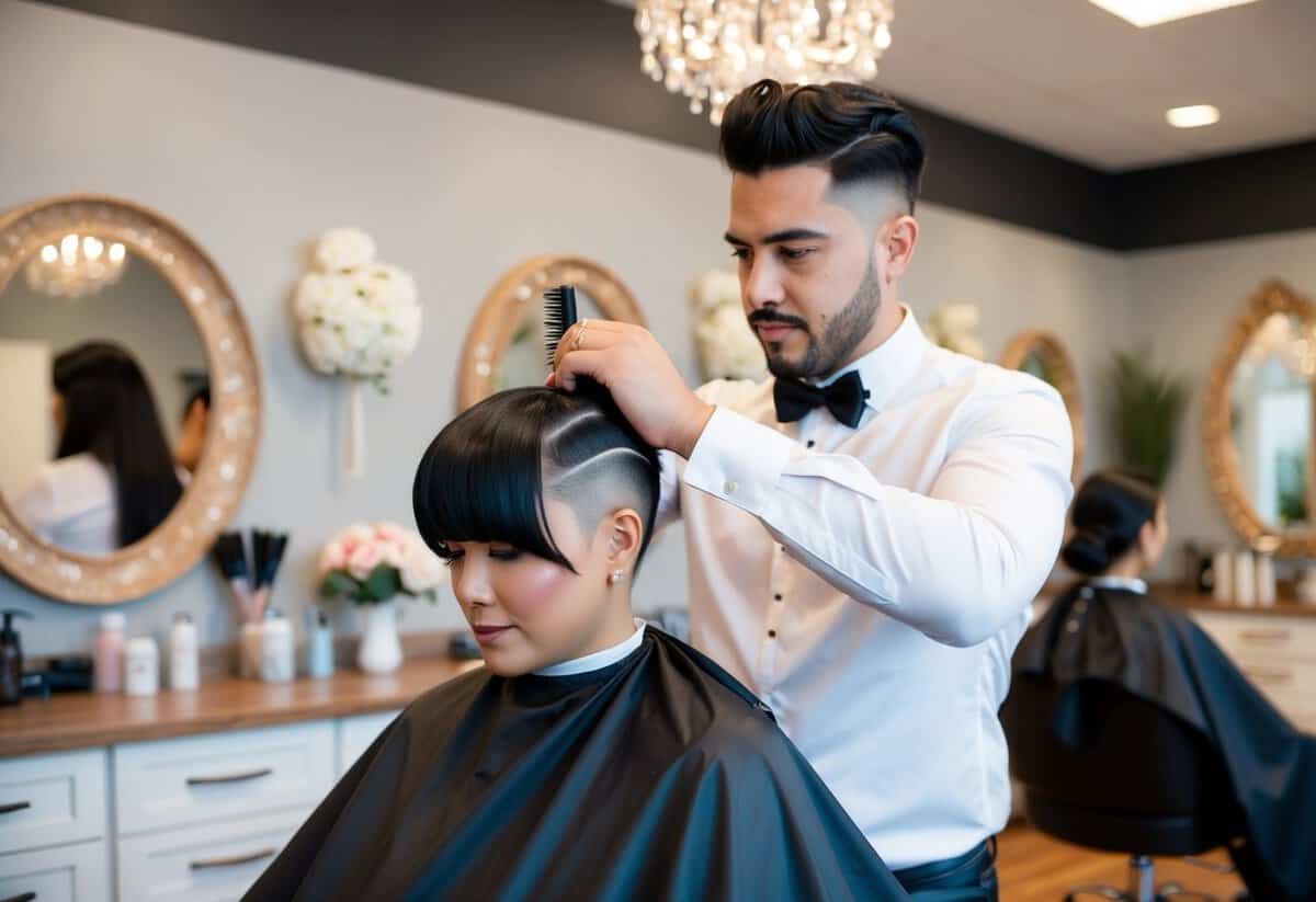 A hairstylist trimming hair in a salon with wedding-themed decor