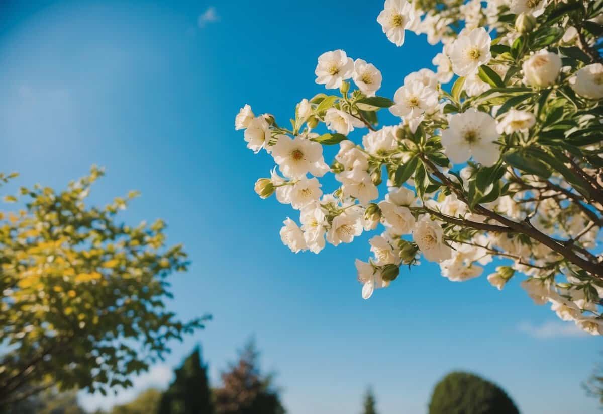 A sunny outdoor garden with blooming flowers and a clear blue sky, showcasing a serene and romantic setting for a wedding date
