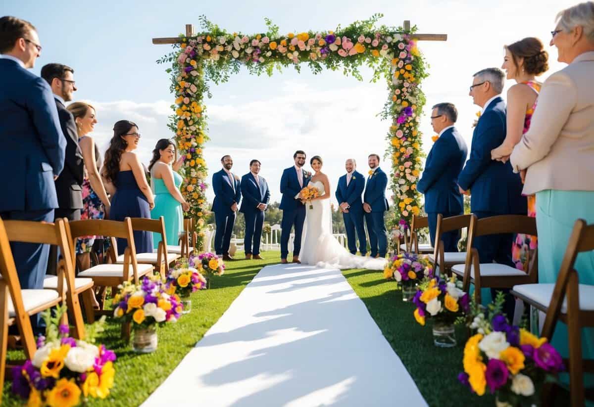 A sunny outdoor wedding ceremony with colorful flowers and decorations, surrounded by happy guests and a picturesque backdrop
