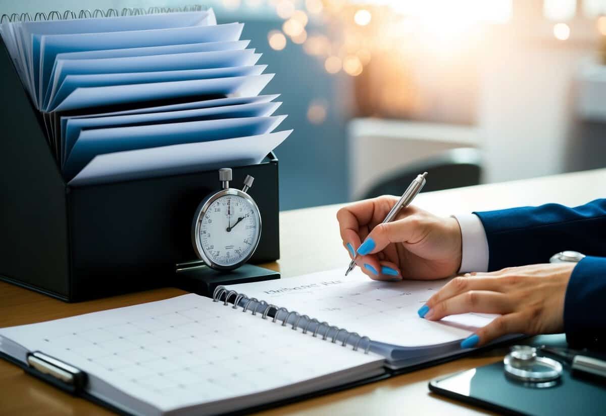 A calendar with pages flipping rapidly, a stopwatch ticking, and a wedding planner's hands frantically writing notes