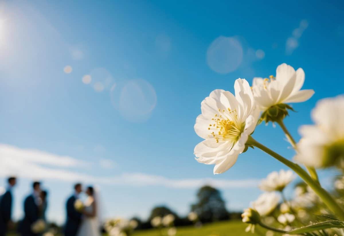 A sunny outdoor wedding with a clear blue sky, blooming flowers, and a gentle breeze