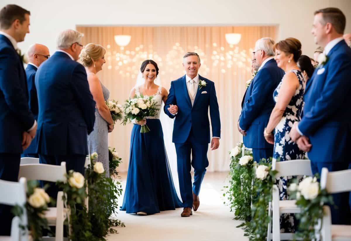 A figure leads the groom's parents down the aisle, guiding them with grace and poise