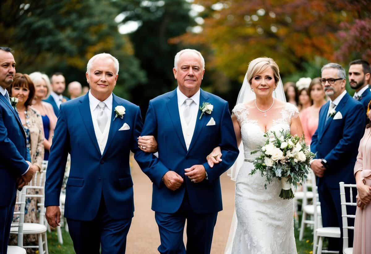 The groom's parents walk down the aisle, with the mother on the left and the father on the right, both looking proud and dignified