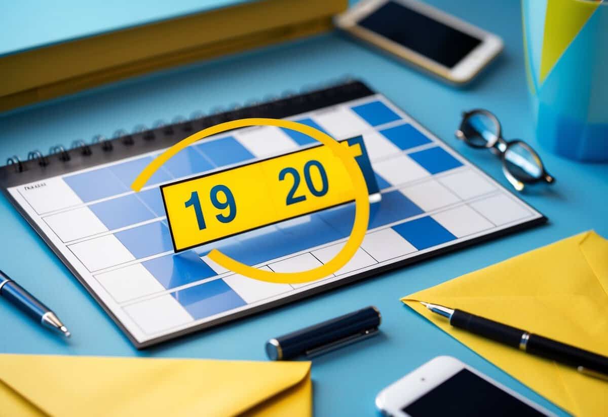A calendar with a circled date, surrounded by a variety of event-related items such as a pen, envelope, and phone