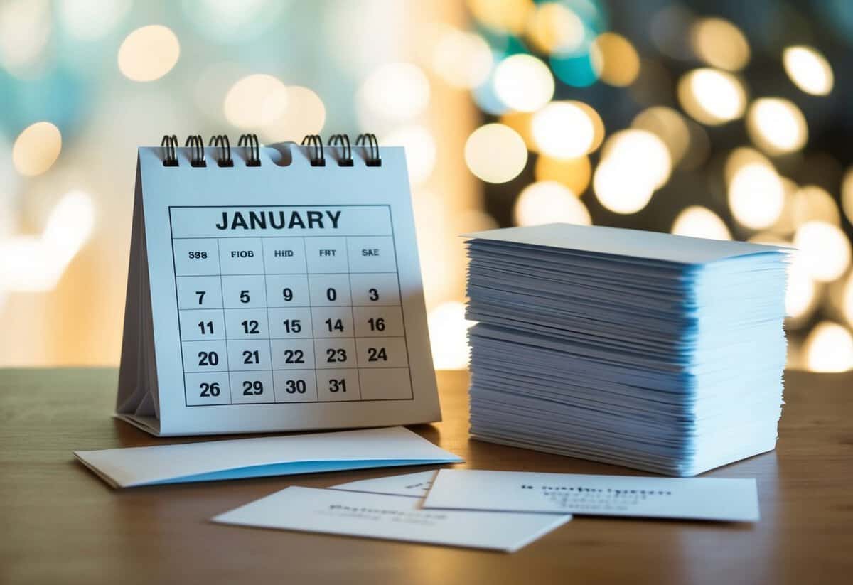 A calendar with a highlighted date, a pile of envelopes, and a stack of response cards