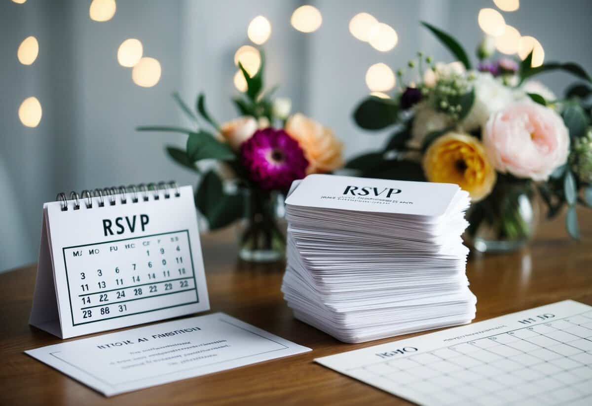 A stack of RSVP cards piled on a table next to a calendar with a highlighted due date. A wedding invitation and various elements like flowers and decorations in the background