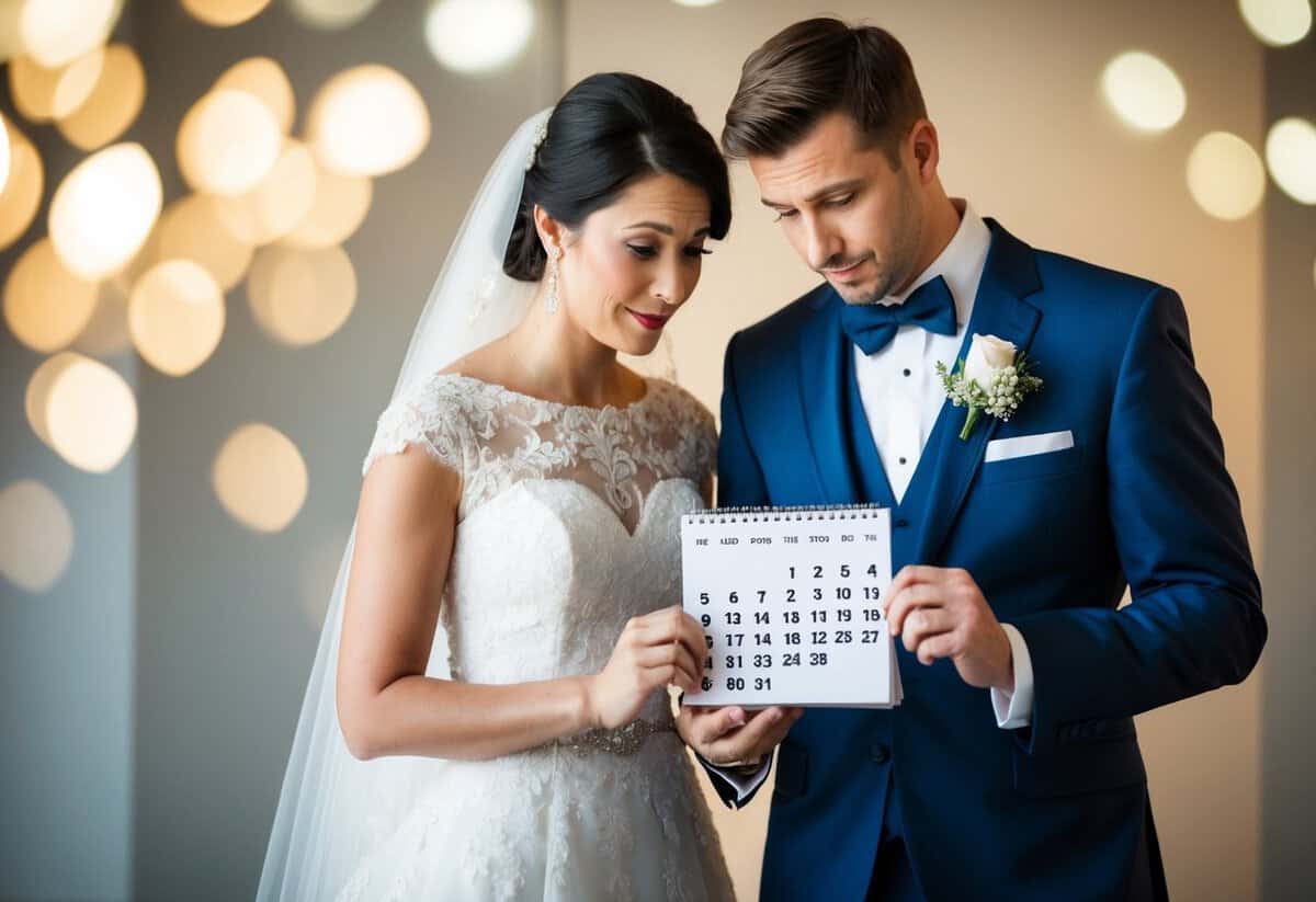 A bride and groom holding invitations while looking at a calendar with a puzzled expression