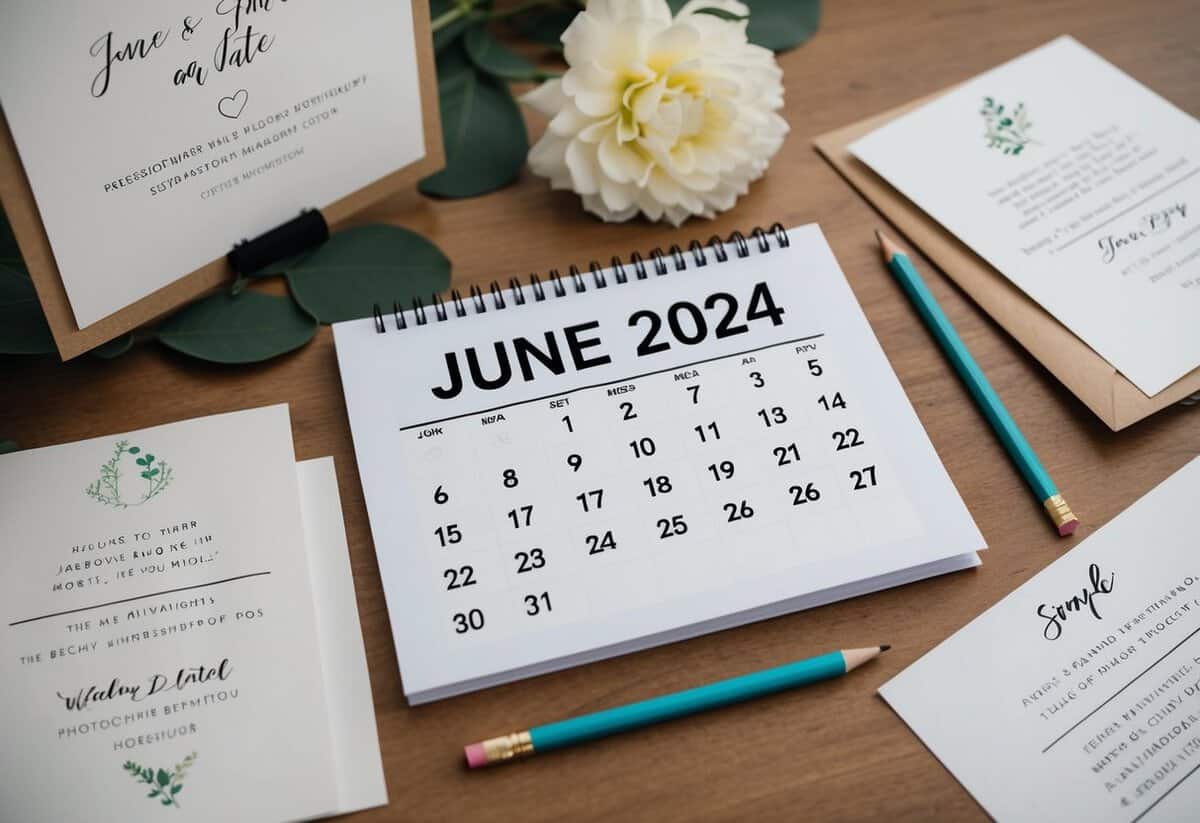 A calendar with the month of June 2024 highlighted, surrounded by wedding invitation mock-ups and a pencil marking the ideal mailing date