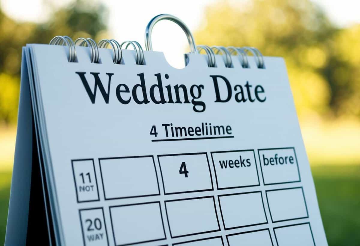 A calendar with a wedding date marked and a timeline showing 4 weeks before, indicating the ideal time to send out invitations