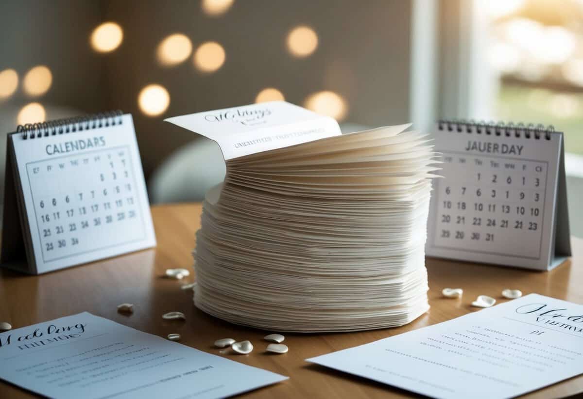 A stack of unopened wedding invitations sits on a table, surrounded by calendars showing the current date and the date of the wedding, with a sense of urgency and indecision in the air