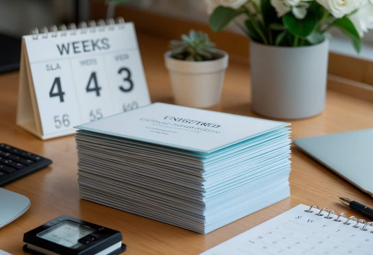 A stack of unmailed wedding invitations sits on a desk, surrounded by a calendar showing the date 4 weeks before the wedding