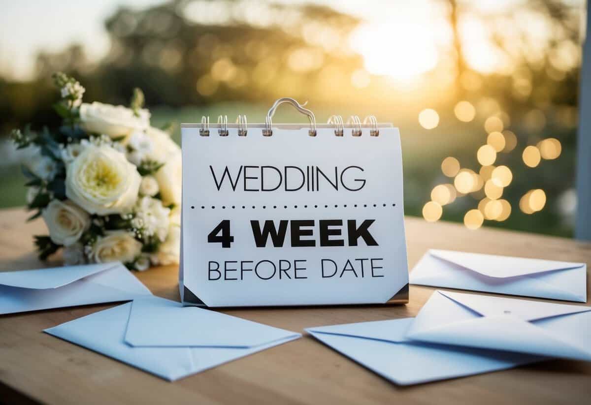 A calendar with a date 4 weeks before the wedding, surrounded by wedding invitation envelopes and a sense of urgency