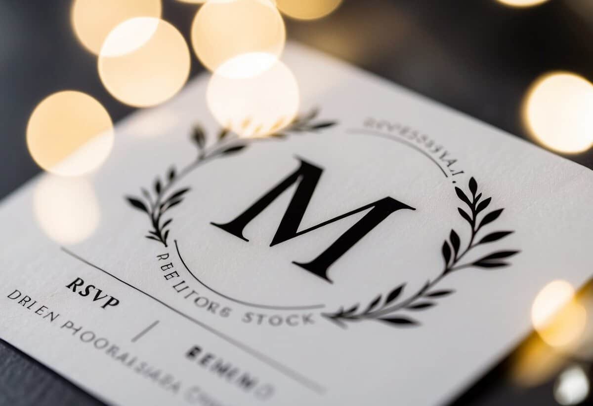 A close-up of an RSVP card with a prominent "M" surrounded by elegant design elements