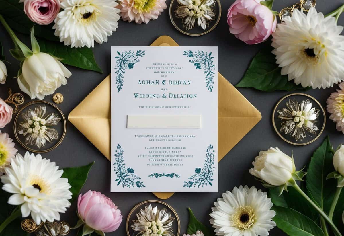 A wedding invitation surrounded by flowers and elegant decorations, with one empty space left blank