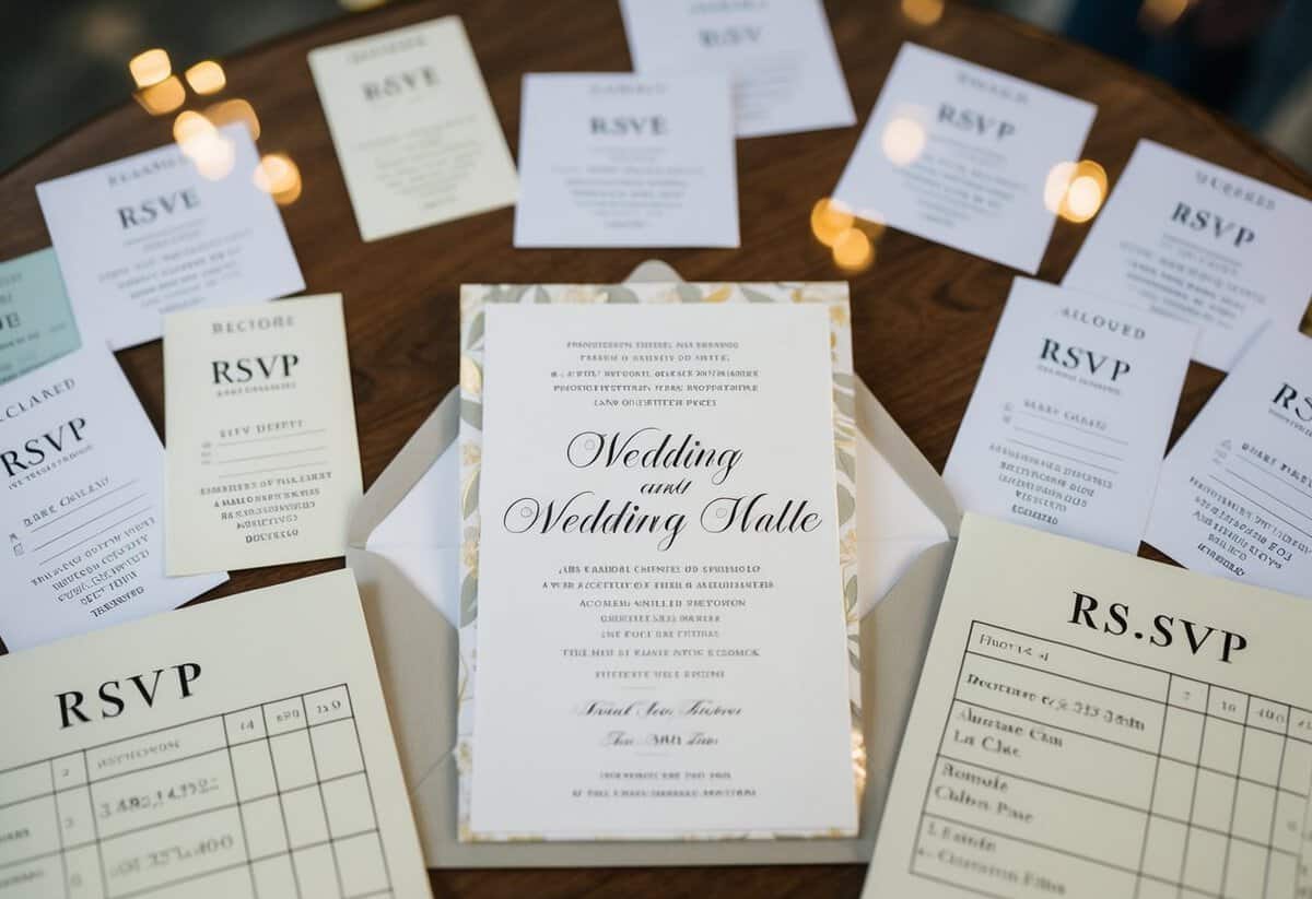 A wedding invitation surrounded by a mix of declined and accepted RSVP cards, with a tally of guests on a table