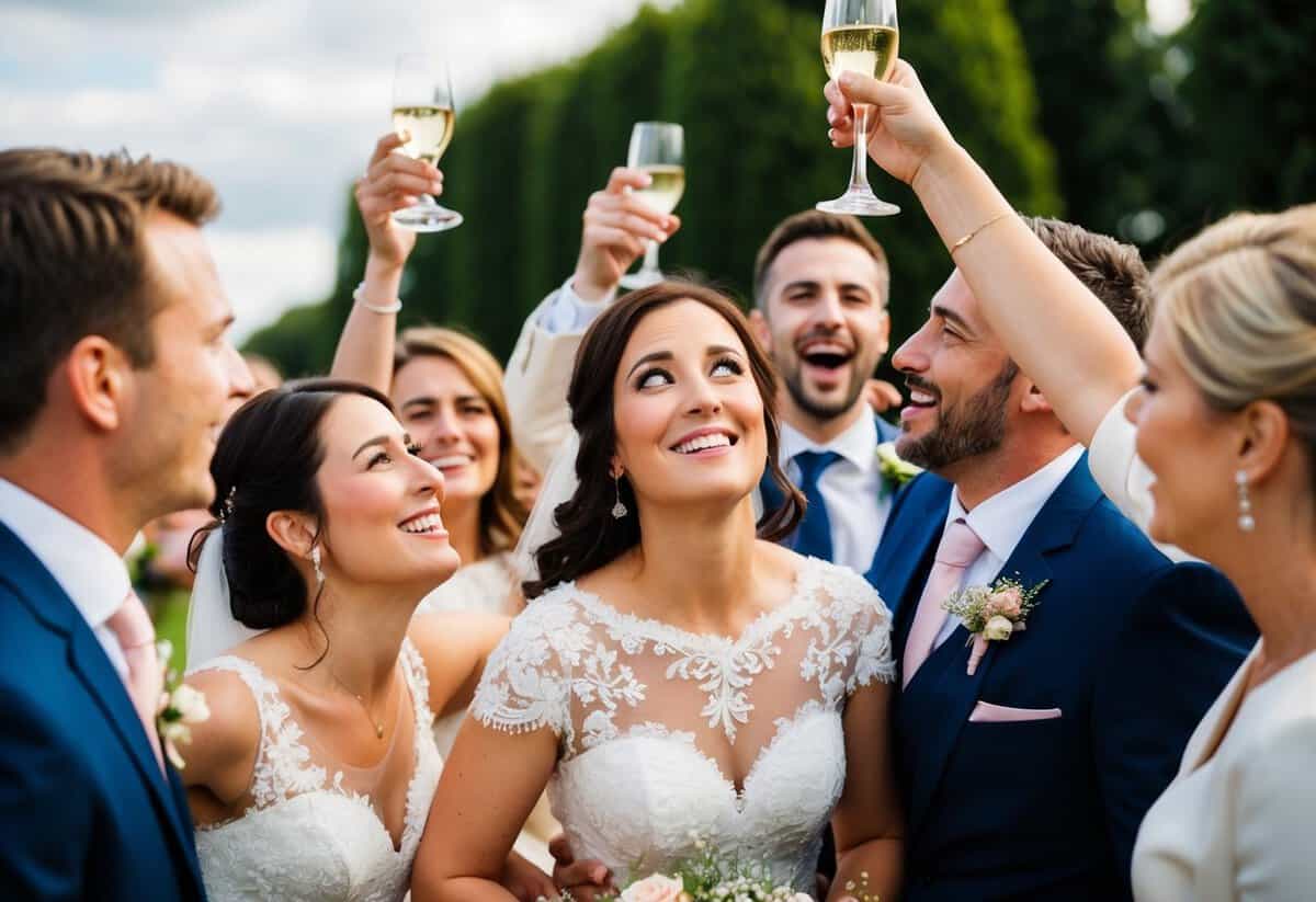 A group of people celebrating at a wedding, with one person looking left out and excluded from the festivities