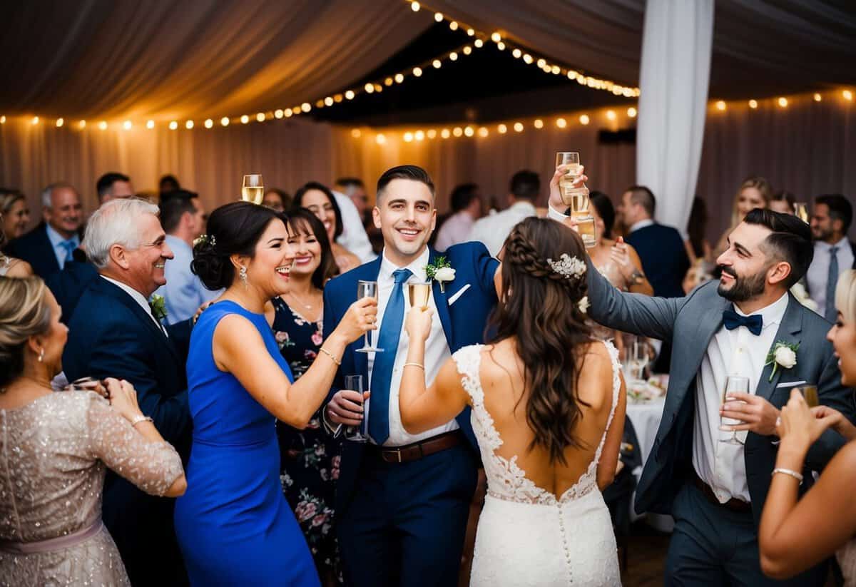 A group of people celebrating at a wedding reception, with various activities such as dancing, toasting, and socializing, creating a lively and festive atmosphere