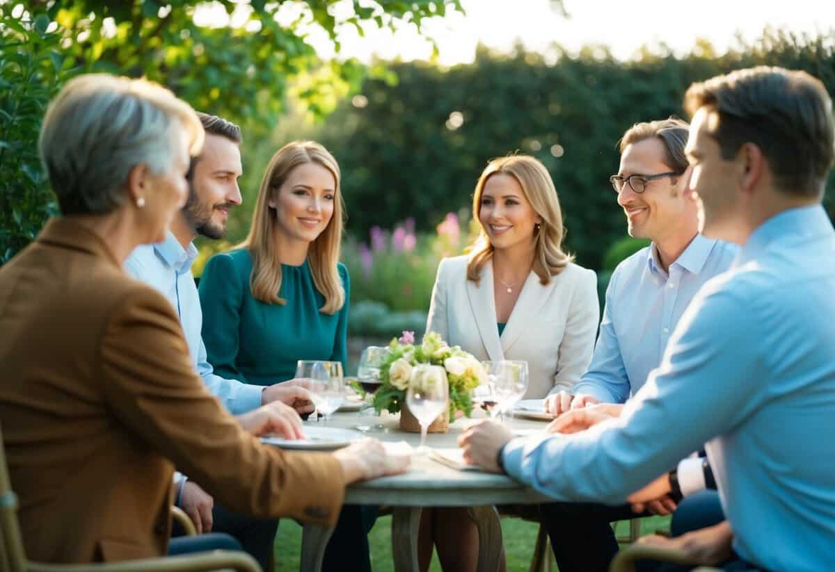 A group of people gathered in a serene garden setting, with one person extending an invitation to another with a tactful and respectful demeanor