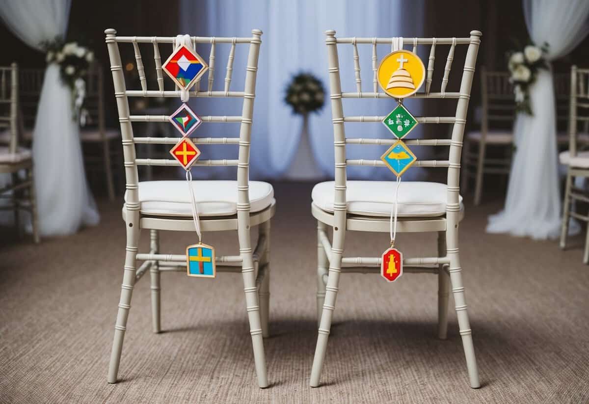 A wedding scene with two empty chairs, one adorned with symbols of different cultures and religions, suggesting the need for consideration of seating order