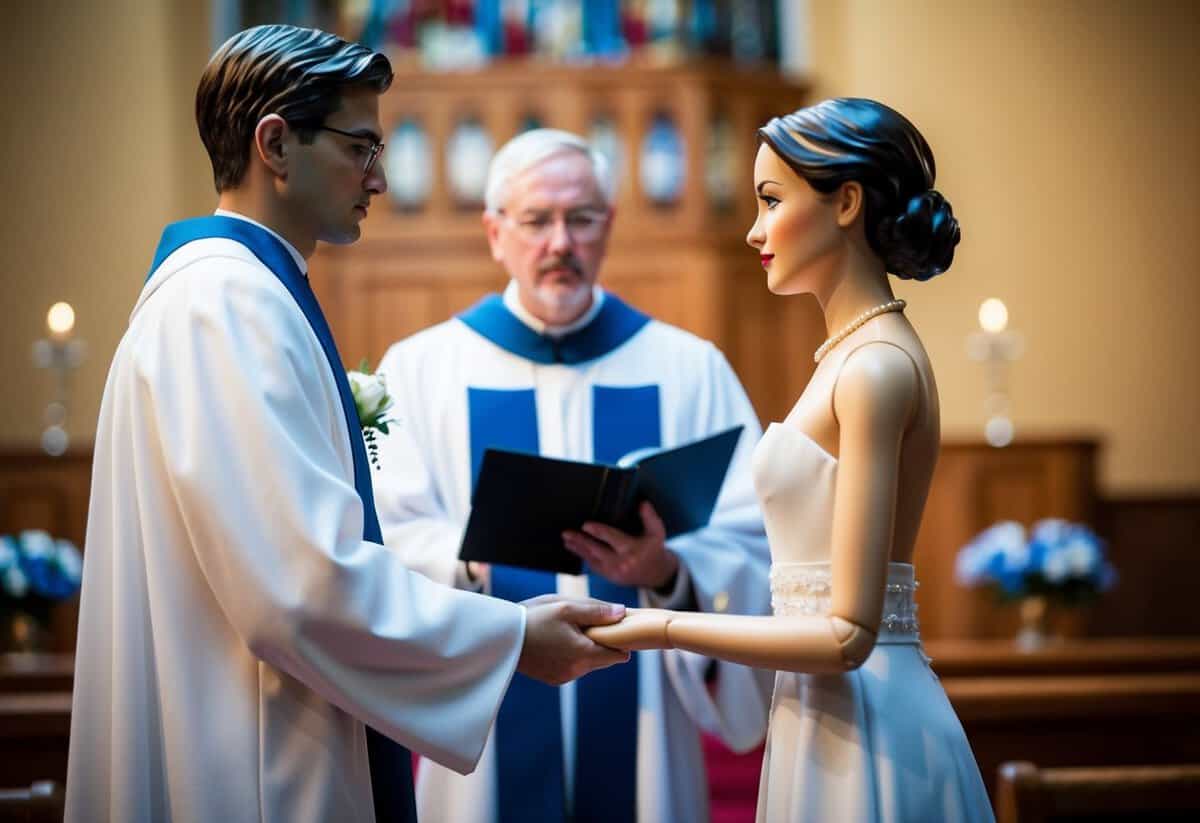 A figure stands before a minister, ready to exchange vows