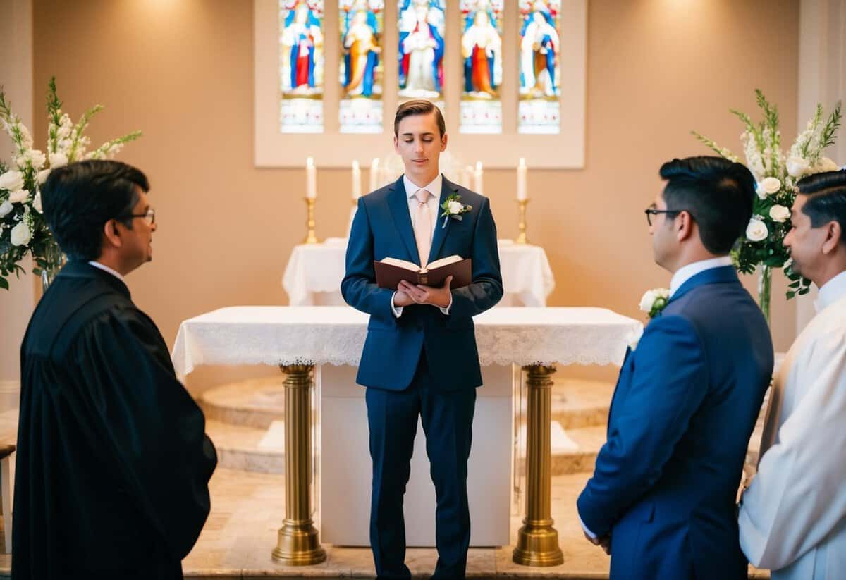 A person stands at an altar, facing each other. The officiant holds a book and looks on as the couple prepares to exchange vows