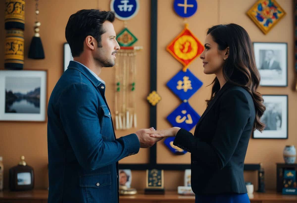 A man and woman stand facing each other, surrounded by cultural symbols and personal items. The woman holds out her hand, while the man looks at her with anticipation