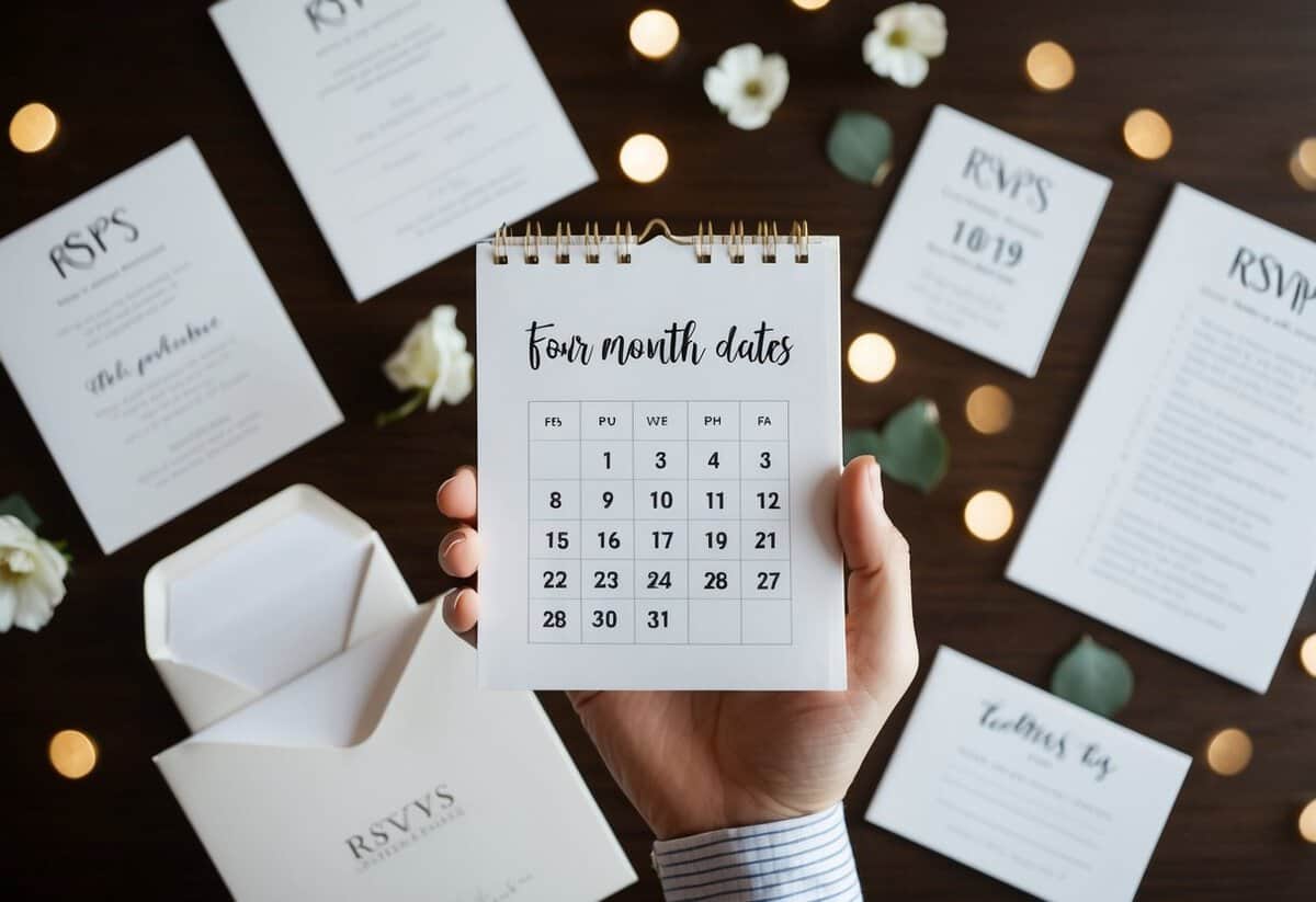 A hand holding a calendar with the date four months in advance circled, surrounded by wedding invitation samples and a list of RSVPs