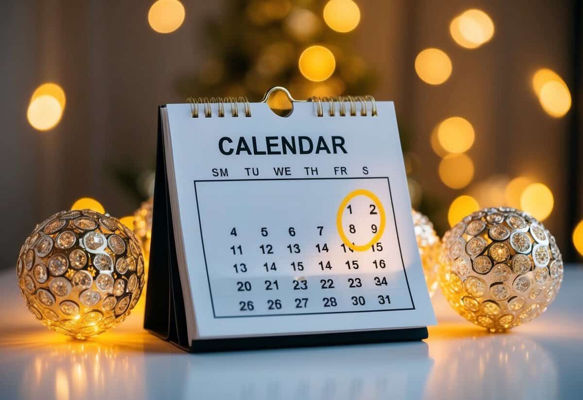 A calendar with a highlighted date circled, surrounded by elegant decorations and a warm evening glow