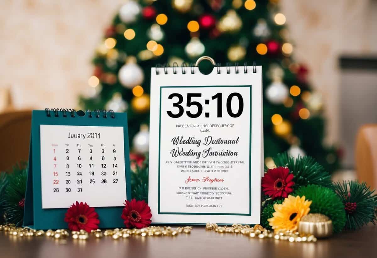 A calendar with a highlighted date and a wedding invitation surrounded by festive decorations and flowers