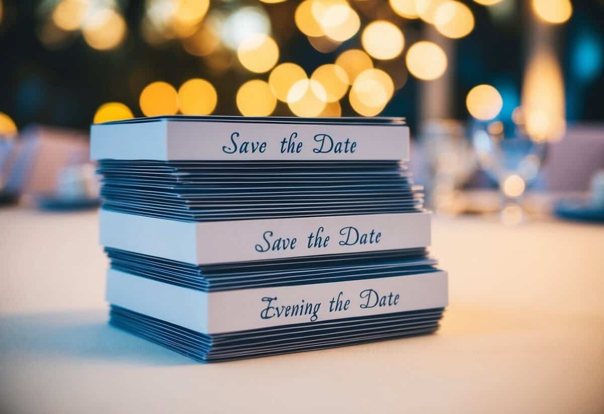 A stack of save the date cards on a table, with evening guests' names written on them