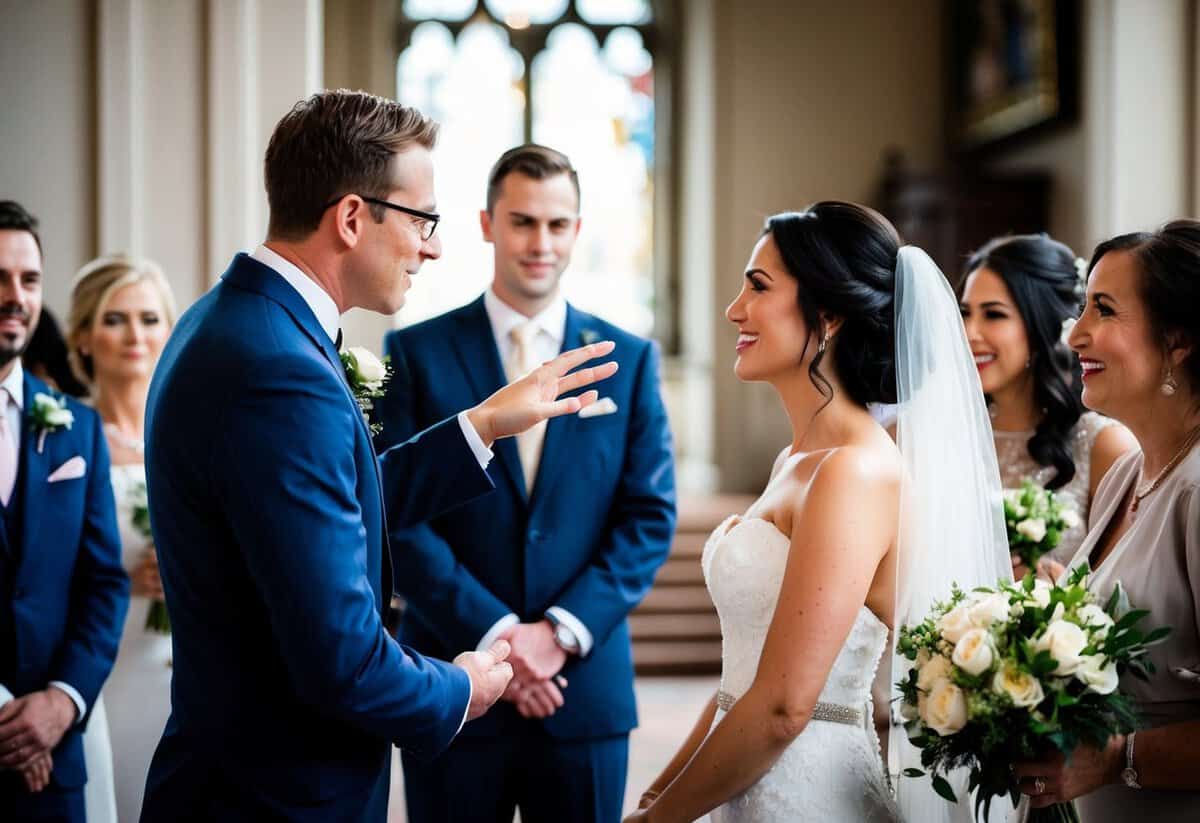 A figure in formal attire gestures towards the bride and groom, indicating permission for a kiss. The bride and groom stand facing each other, surrounded by well-wishers