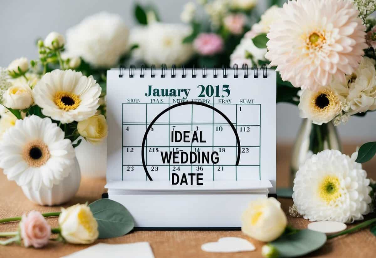 A calendar with a circle around the ideal wedding date, surrounded by flowers and wedding decor