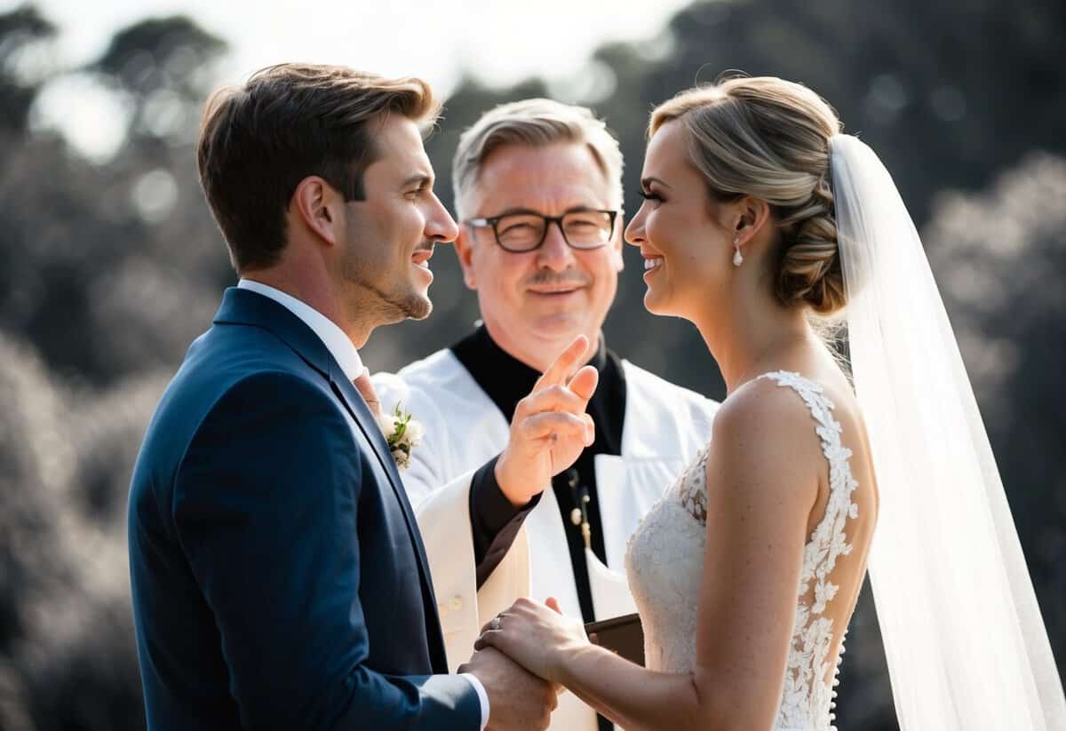 A couple stands facing each other, with the officiant standing between them, gesturing for them to kiss
