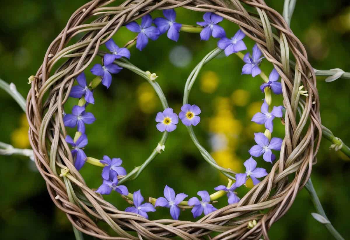 A circle of intertwining vines with two flowers meeting at the center