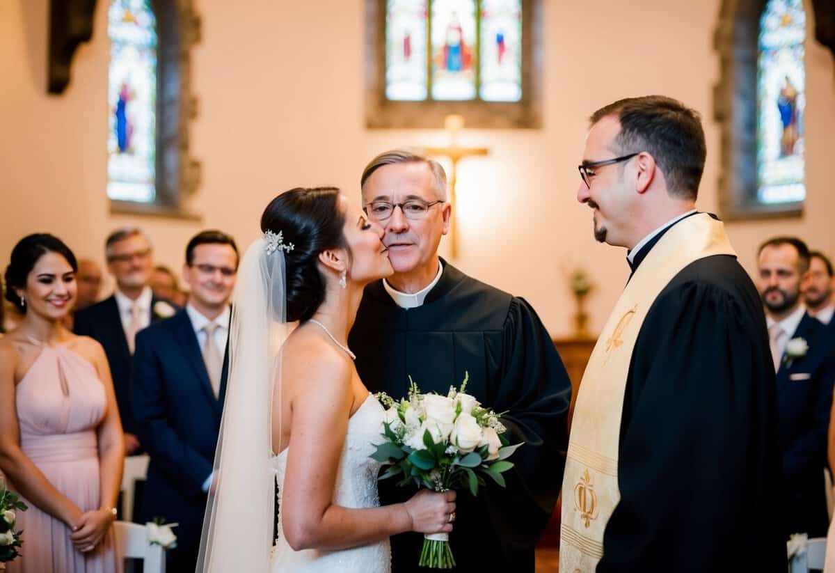 A traditional wedding ceremony with a priest or officiant giving the cue for the groom to kiss the bride