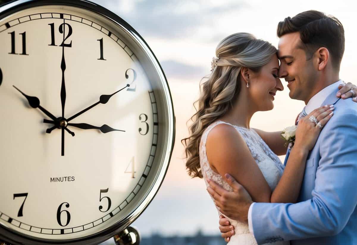 A clock showing 10 minutes, two wedding rings intertwined, and a couple embracing