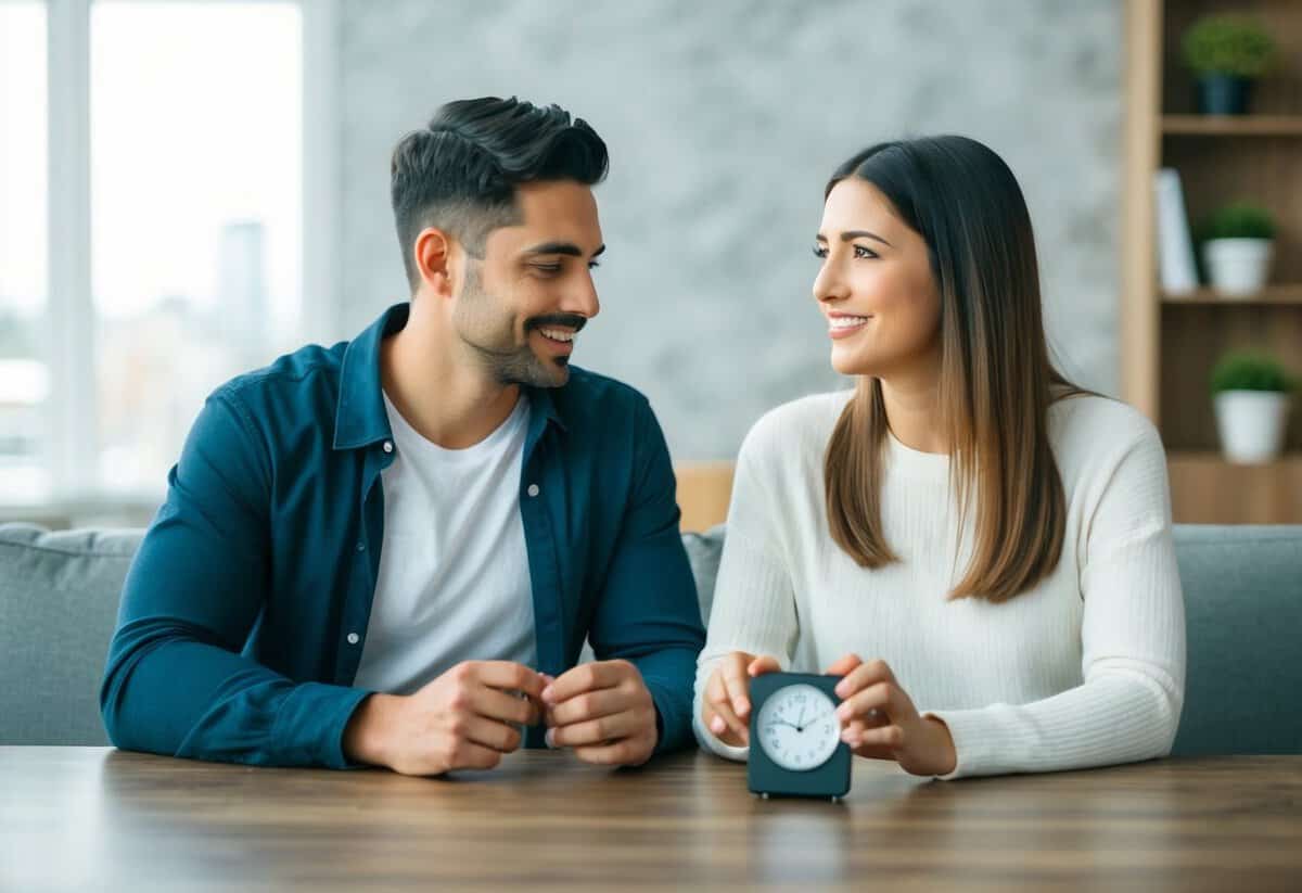A couple sitting together, setting a timer for 10 minutes, engaging in open and respectful communication