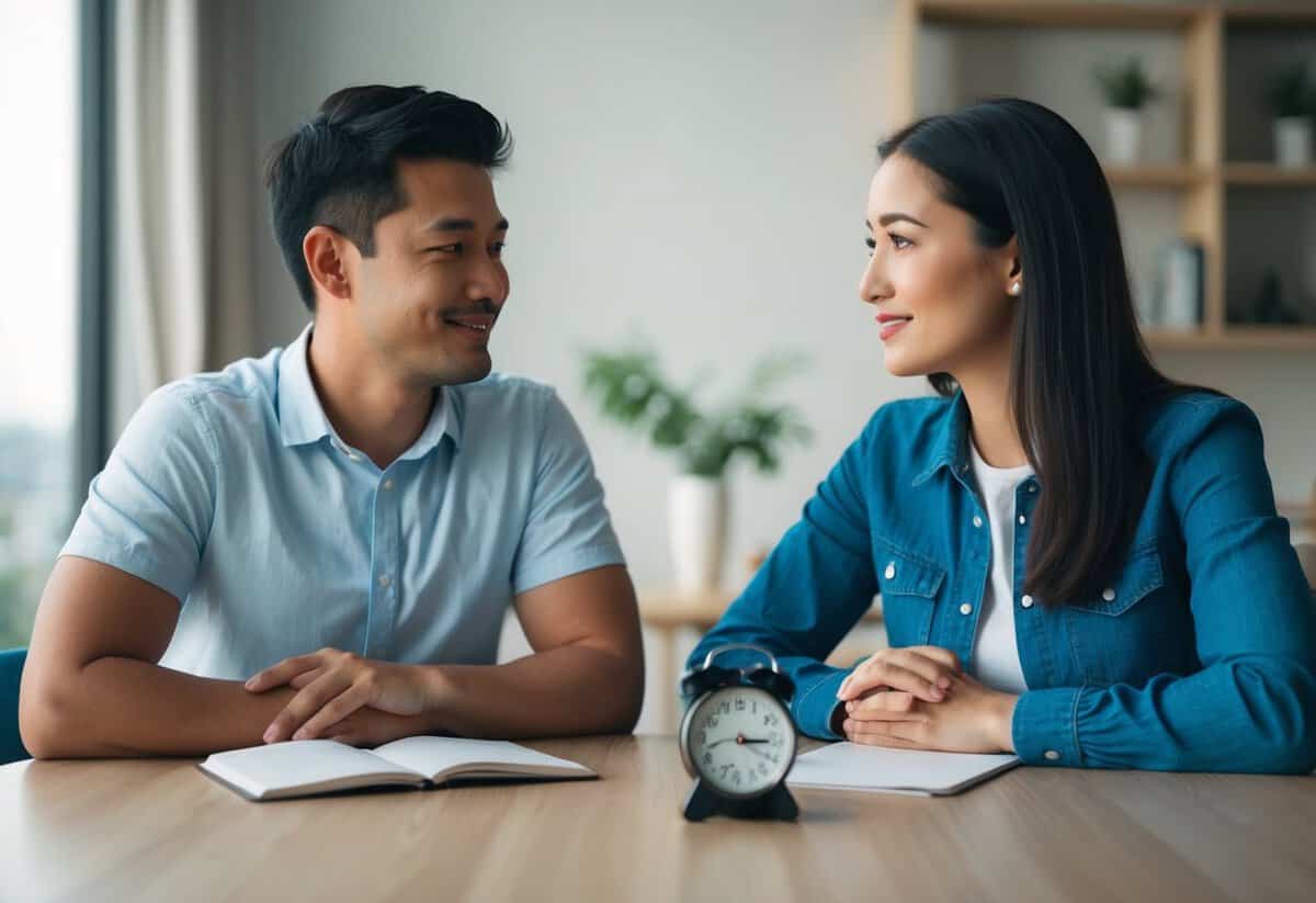 A couple sitting together, calmly discussing with open body language. Timer set for 10 minutes on the table. A sense of mutual respect and understanding
