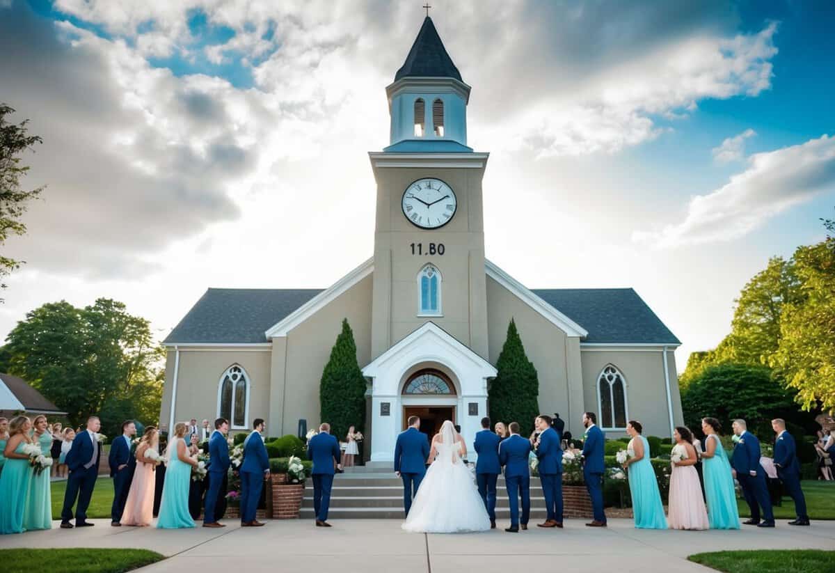 A church with a clock tower showing 11:00 am, with a wedding party arriving and guests gathering outside