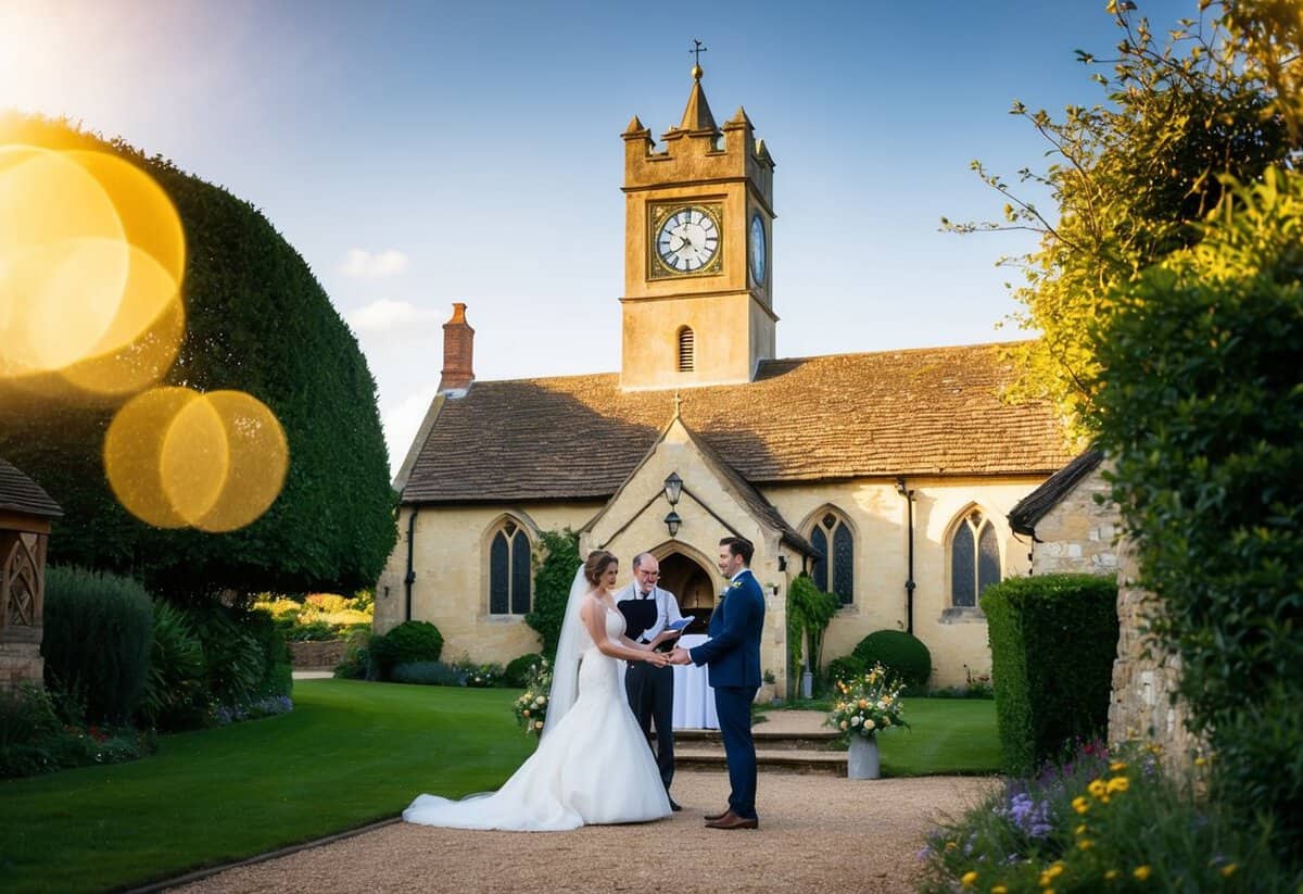 A quaint English village church bathed in golden sunlight, a clock tower showing 2:00 pm, a bride and groom standing at the altar exchanging vows