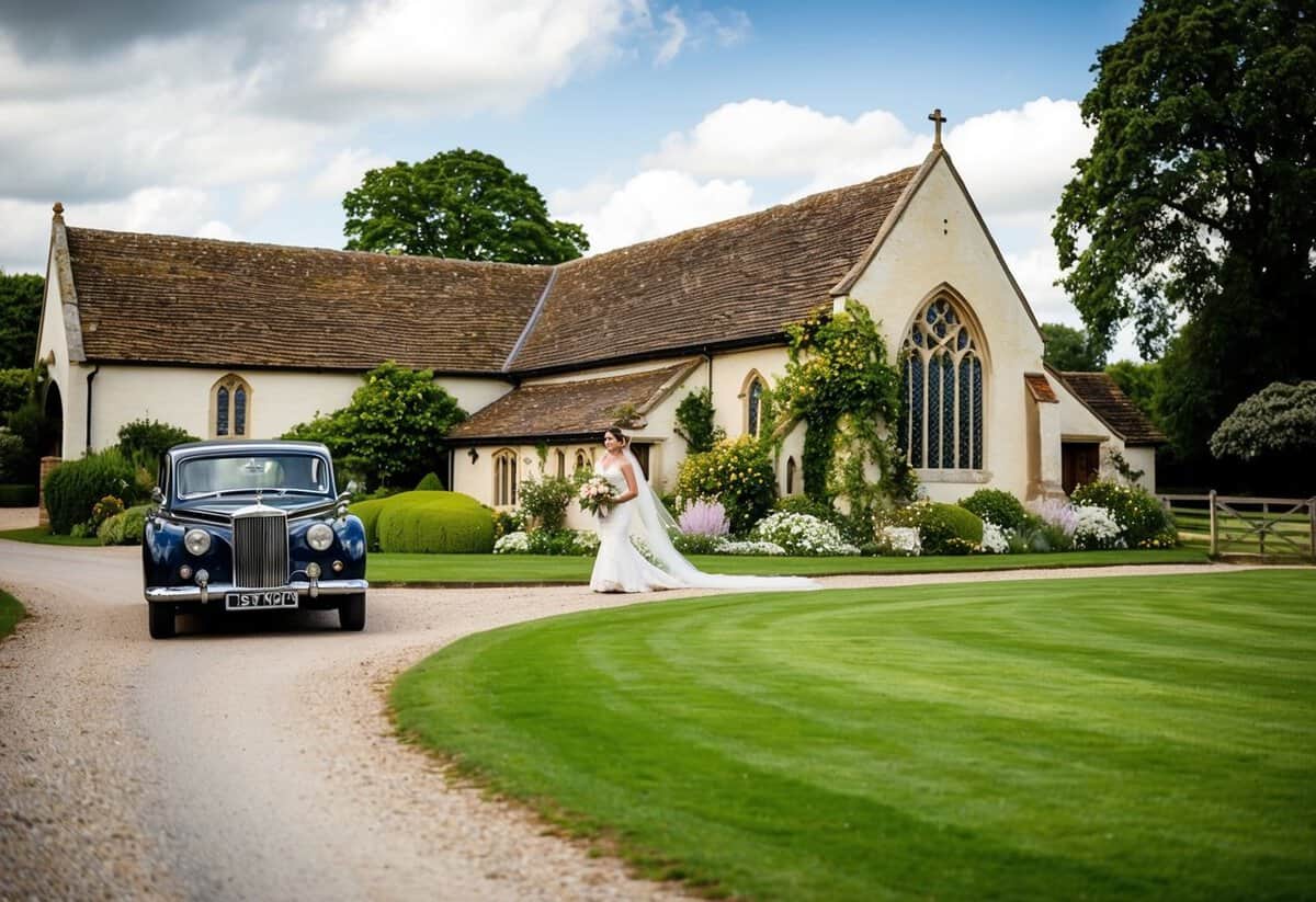 A picturesque English countryside setting with a charming church adorned with flowers and a vintage car parked outside, signaling the start of a traditional wedding ceremony